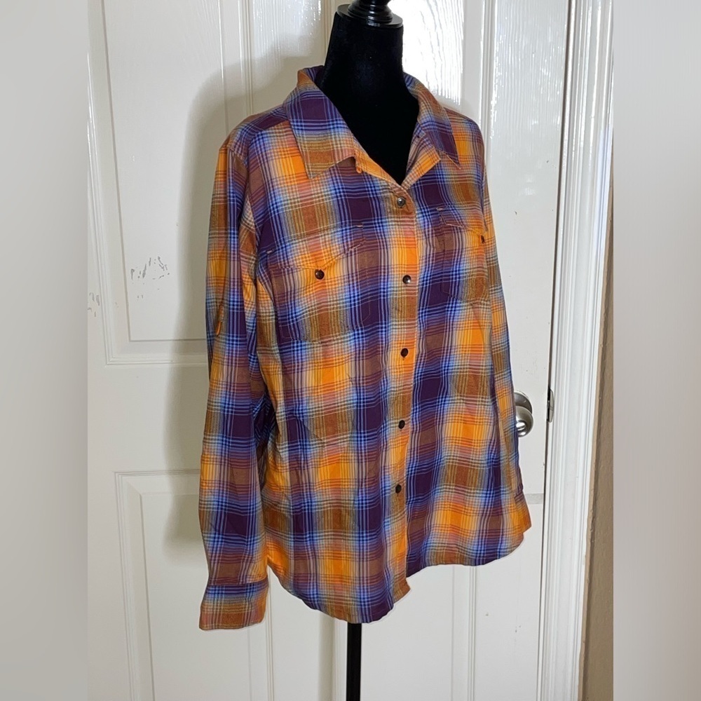 Woolrich Plaid Flannel Long Sleeve Shirt Purple /Orange/Blue Women’s Size XL - Picture 4 of 7